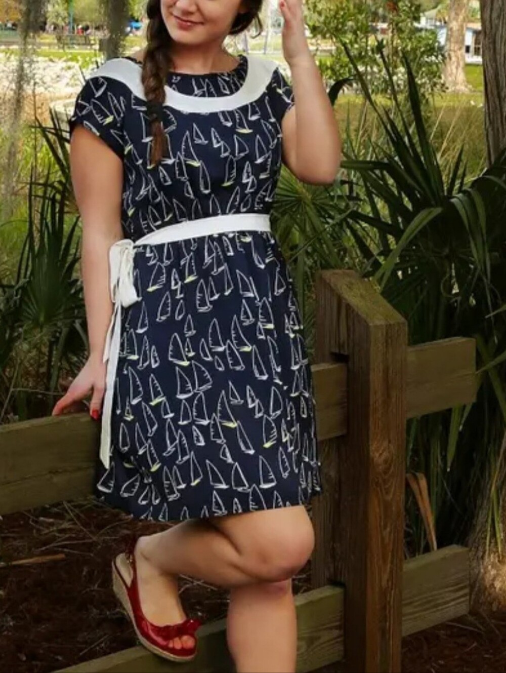 Vintage VTG Navy Blue Sailboat Boat Print  Summer Dress Large L EUC